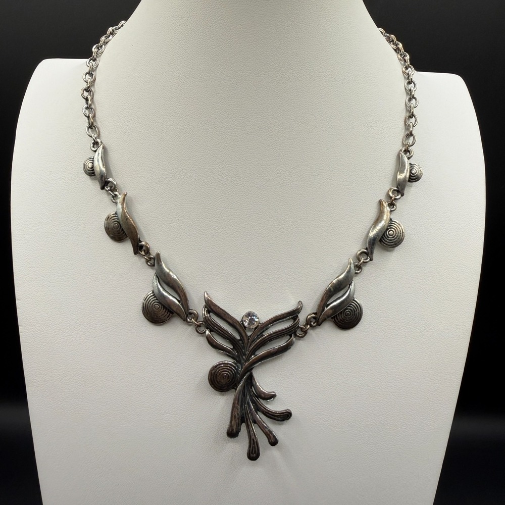 Silver Tone Leaf Spiral Rhinestone Necklace Boho Vintage Statement Pendant Gift